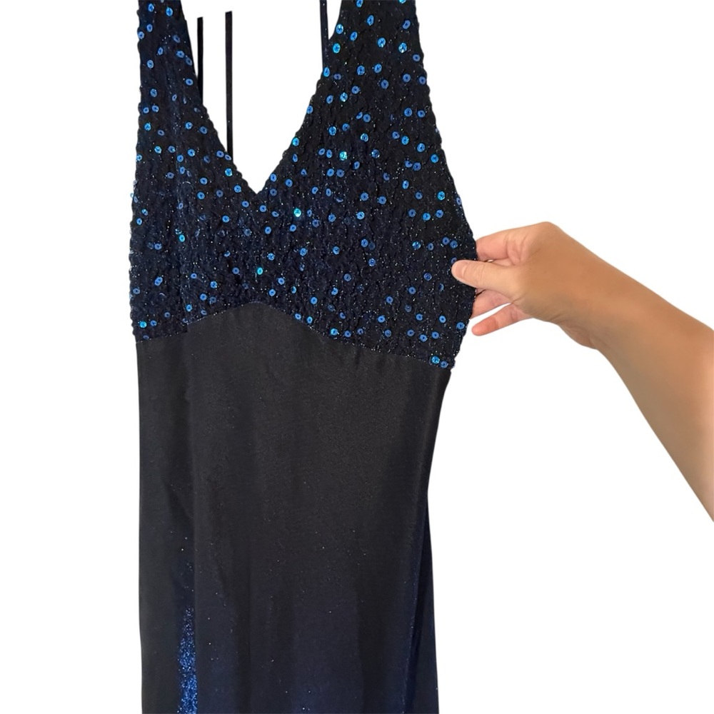 Vintage Cache Long Evening Dress Navy Iridescent with Sequin Bodice 90s Y2K Prom